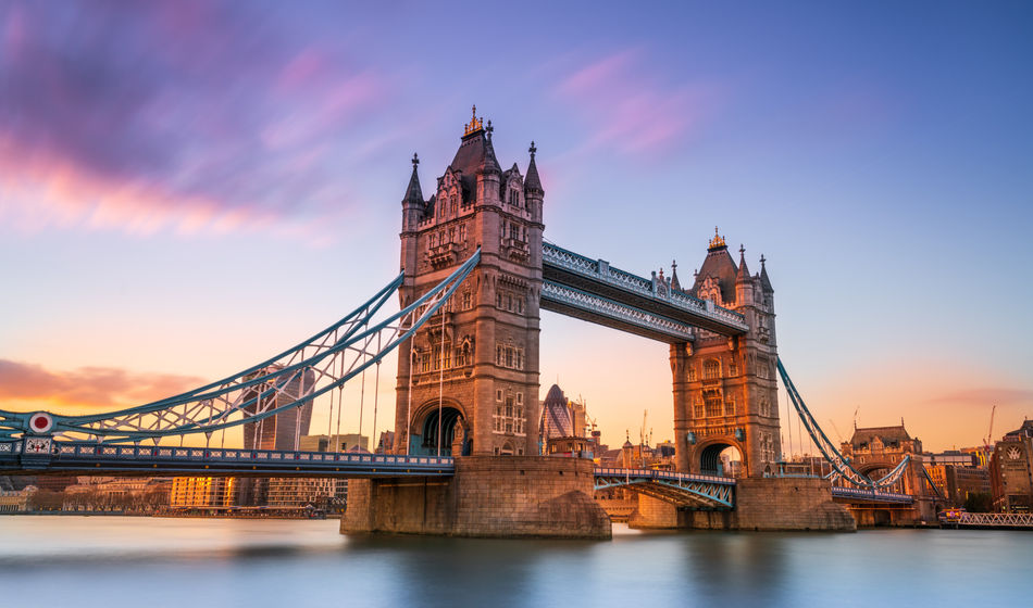 London's Tower Bridge at sunset.