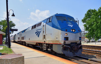 Amtrak train parked at a station.