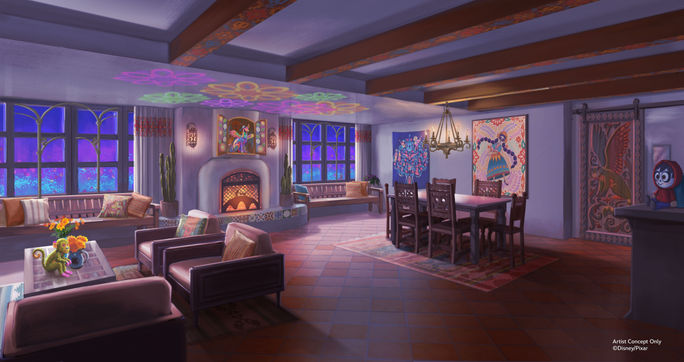 Artist's rendering of the new Coco Suite at the Pixar Place Hotel, Disneyland Resort.