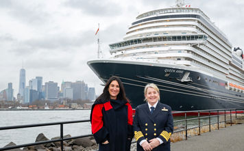 Queen Anne in New York Harbor with Cunard President Katie McAlister and Captain Inger Thorhauge