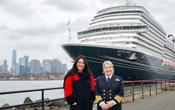 Queen Anne in New York Harbor with Cunard President Katie McAlister and Captain Inger Thorhauge