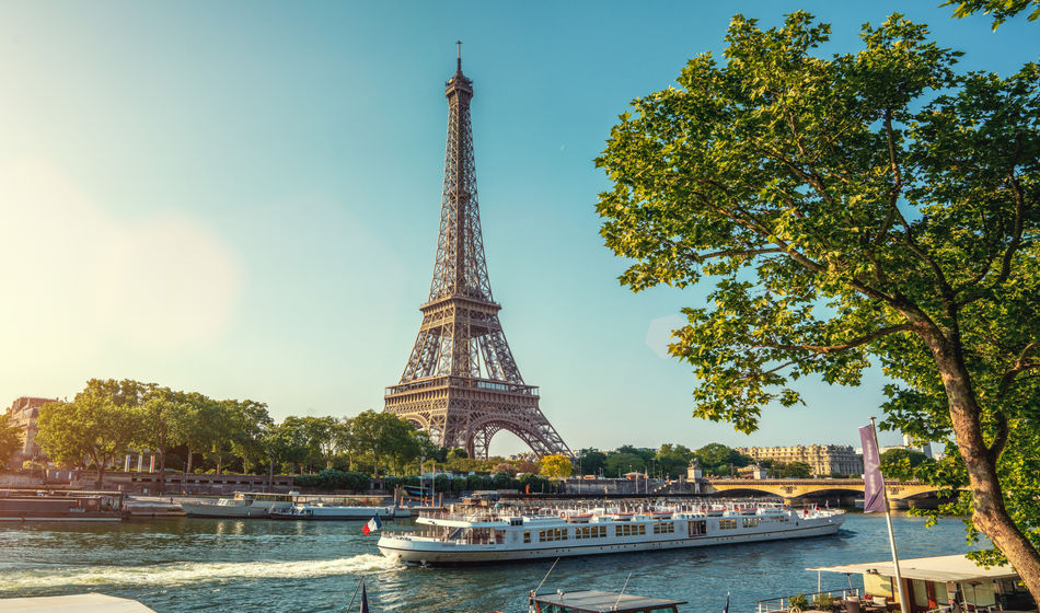 The Eiffel Tower viewed over the Seine River in Paris, France