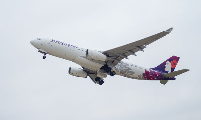 Hawaiian Airlines Airbus A330 taking off from Texas' Austin-Bergstrom International Airport.