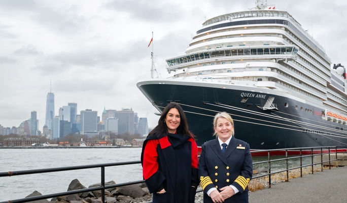 Queen Anne in New York Harbor with Cunard President Katie McAlister and Captain Inger Thorhauge