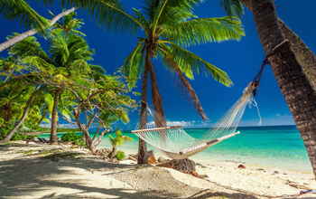 Empty hammock in the shade of palm trees on tropical Fiji Islands (photo via mvaligursky / iStock / Getty Images Plus)