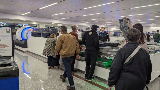 TSA security line, airport, travel