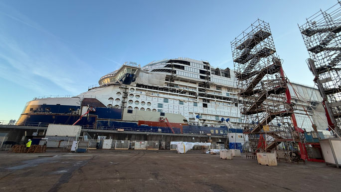 View of Celebrity Xcel in dry dock in Saint-Nazaire, France.